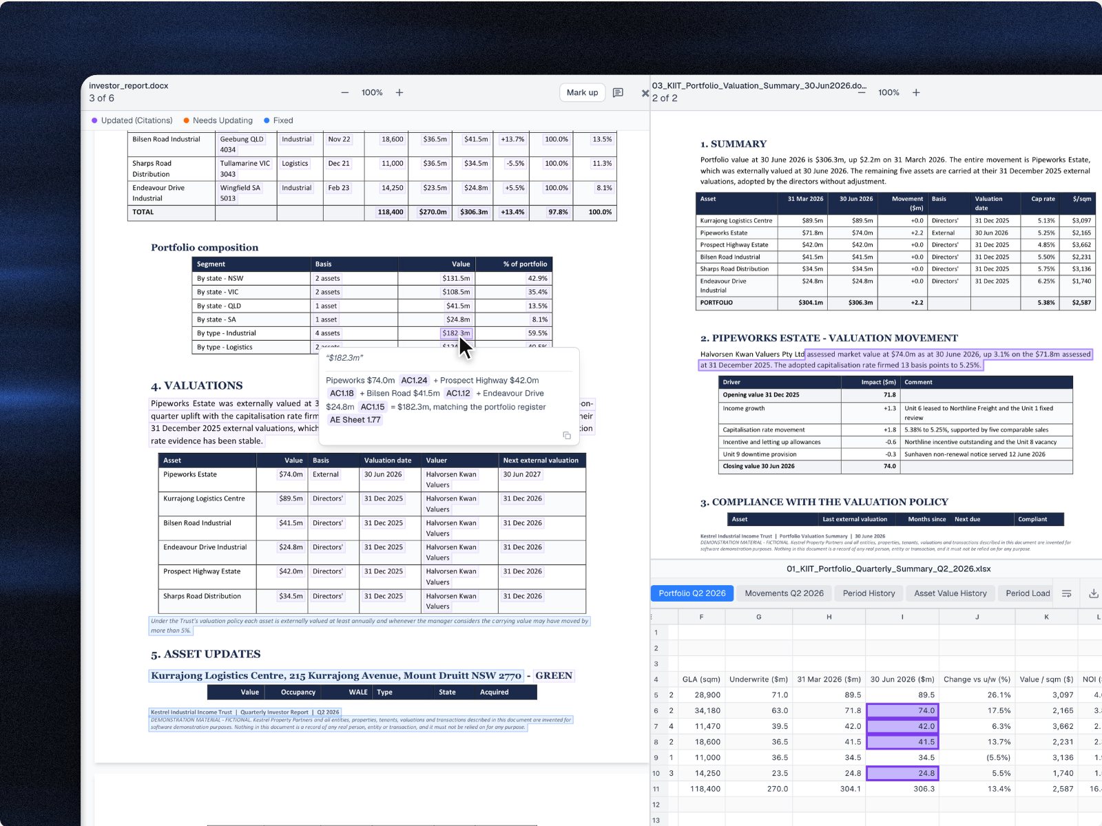 A quarterly report with a citation open, beside the valuation report and spreadsheet it cites