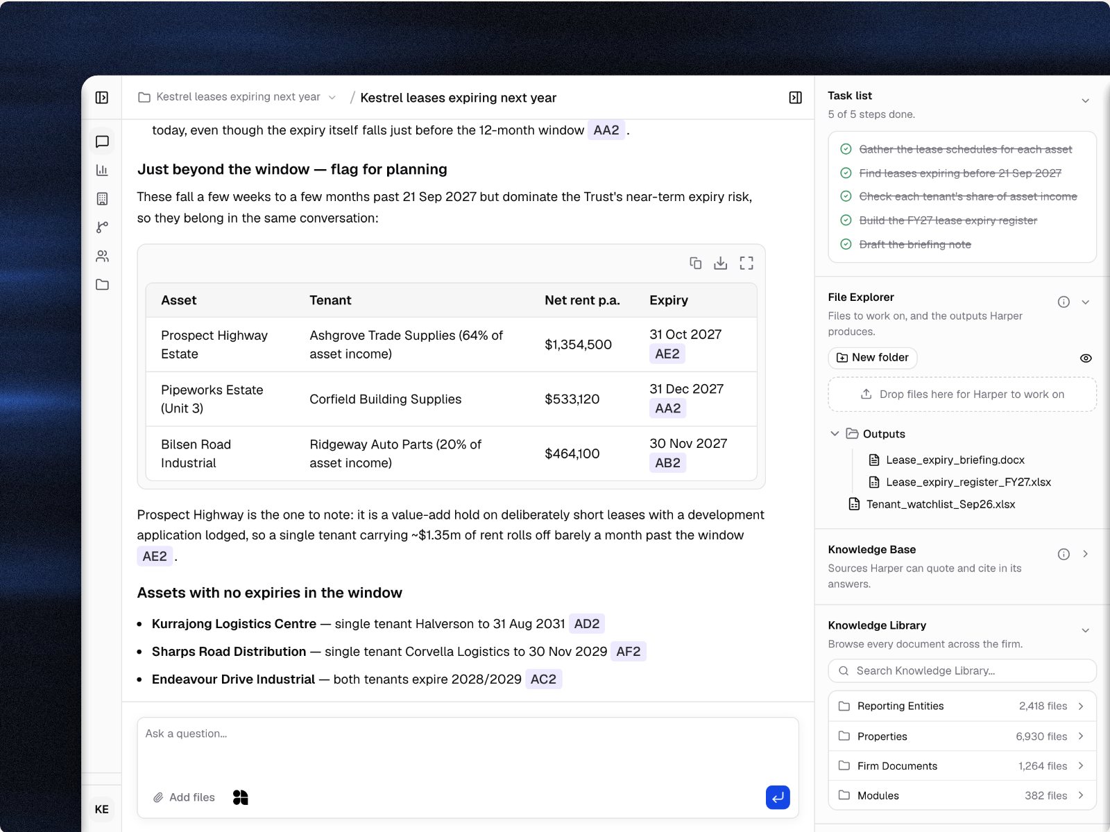 A chat answer drawn from several assets, with the task list and knowledge library beside it